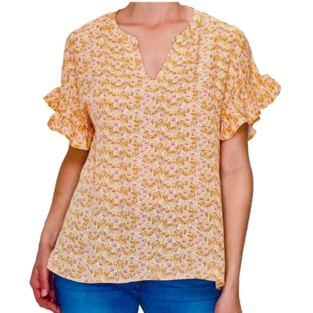 W5 Anthropologie Top Flutter Sleeve V Neck Orange White Pink Floral Women Size M